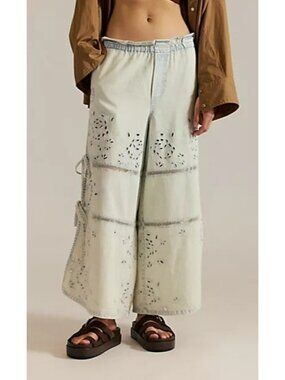 Free People Day Break Jeans Boho Chic Baggy Eyelet Y2K Fairy Charming Womens XL